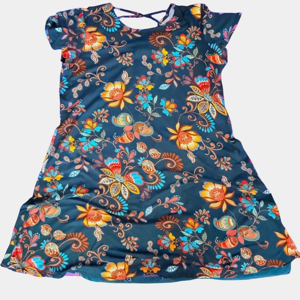 Harlow & Rose Floral Print Dress Dark Teal Multicolor Short‎ Sleeve Casual L
